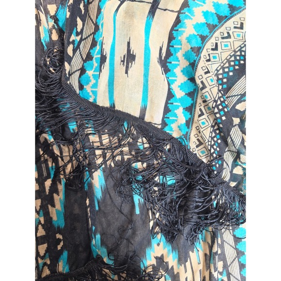 Southwestern Geometric Fringe Kimono Cardigan Turquoise Black One Size - Picture 8 of 9